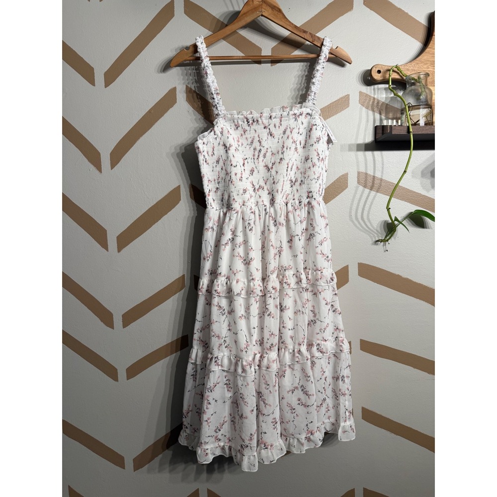Miswek Mini Dress Womens Medium White Floral Smocked Tiered Ruffle Chiffon NWT